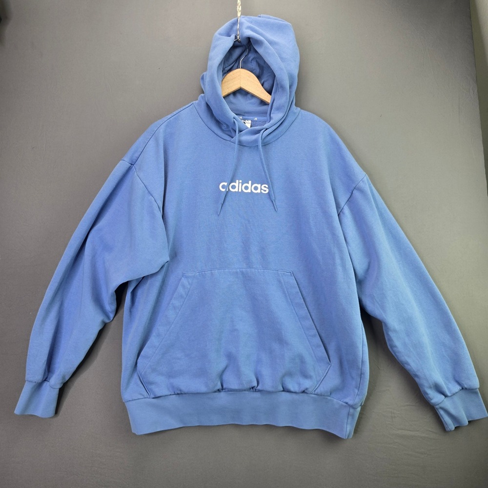 Adidas Hoodie Pullover Linear Logo XL Blue Fleece Sweatshirt Kangaroo Pocket